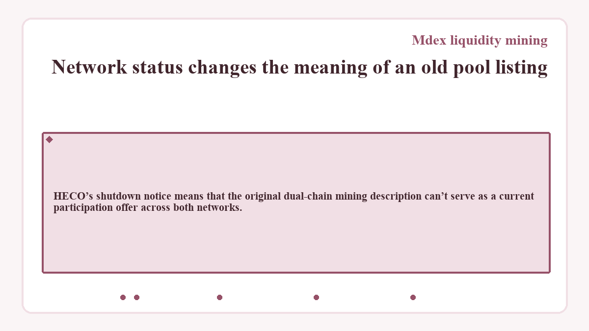 Diagram: Network status changes the meaning of an old pool listing (Mdex liquidity mining)